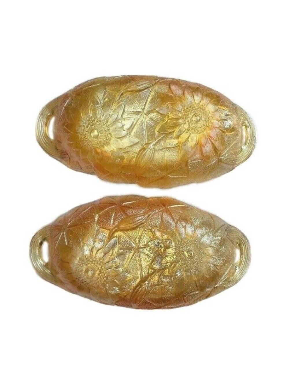 c1970 Pickle Dish Indiana Glass Marigold Lily Pons Sunflowers Set of 2 Vintage
